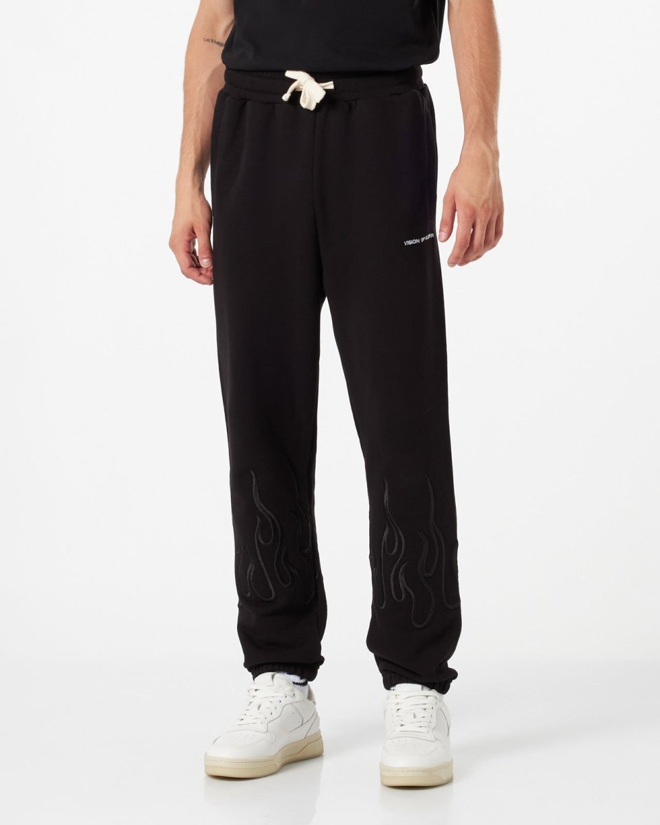Vision Of Super BLACK PANTS WITH BLACK EMBROIDERED FLAMES
