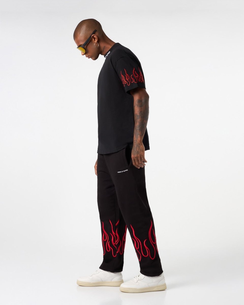Vision Of Super BLACK PANTS WITH RED EMBROIDERED FLAMES
