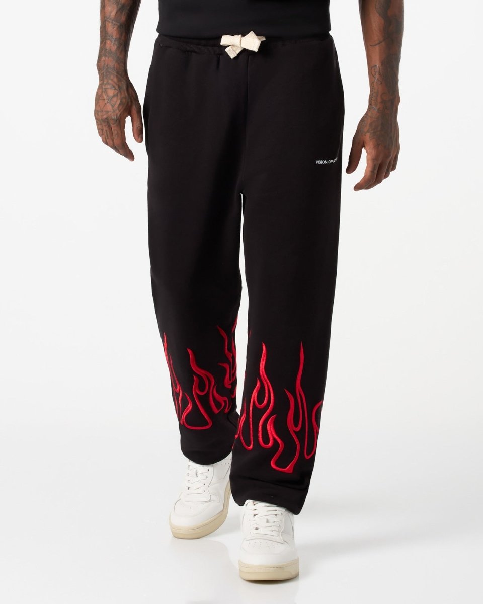 Vision Of Super BLACK PANTS WITH RED EMBROIDERED FLAMES