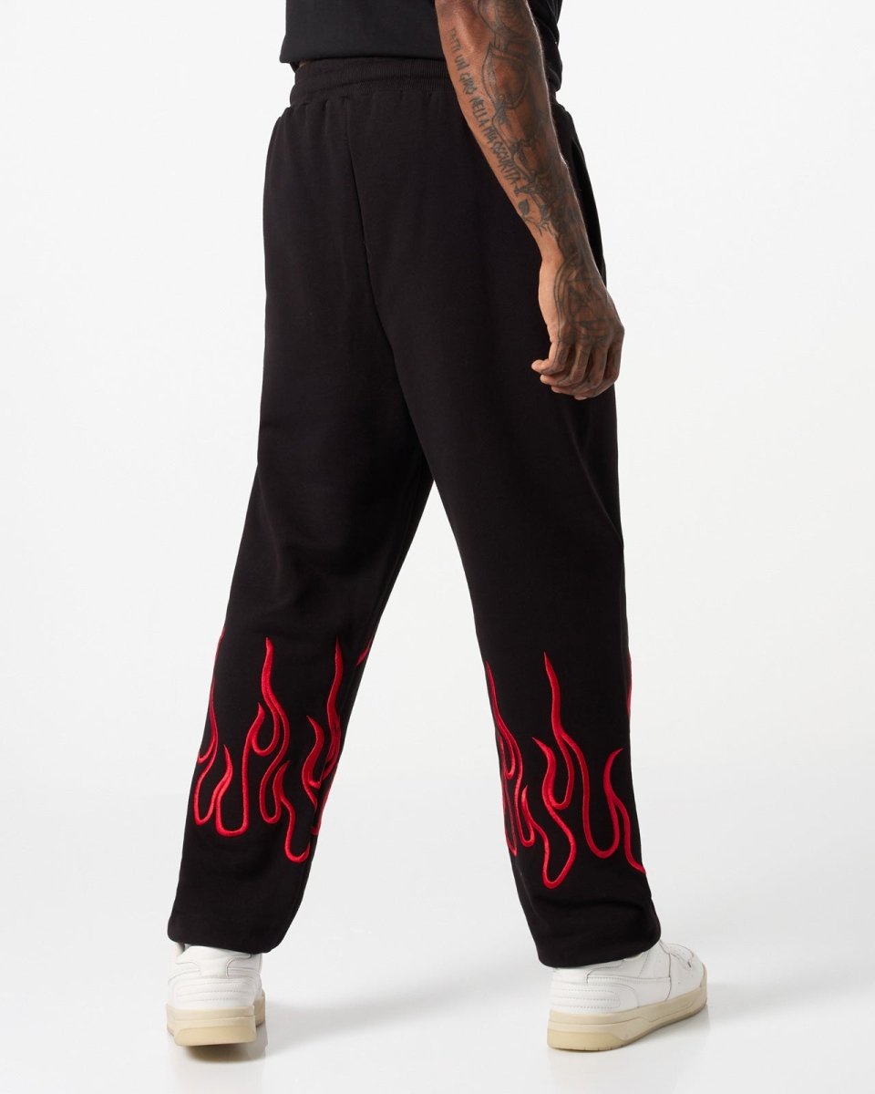 Vision Of Super BLACK PANTS WITH RED EMBROIDERED FLAMES