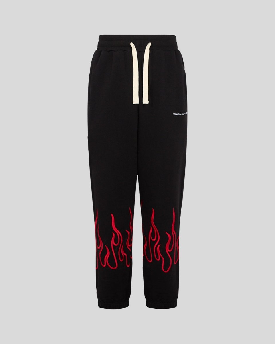 Vision Of Super BLACK PANTS WITH RED EMBROIDERED FLAMES