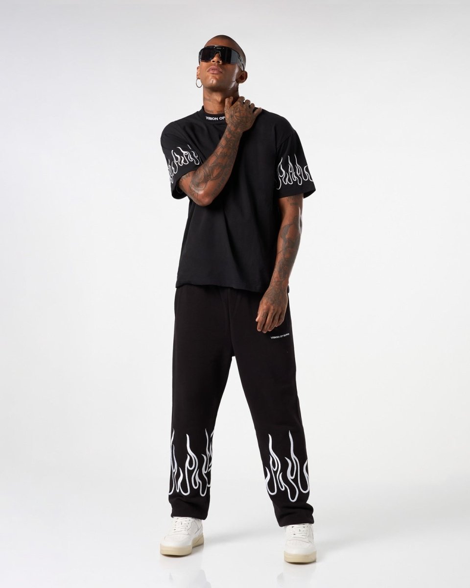 Vision Of Super BLACK PANTS WITH WHITE EMBROIDERED FLAMES