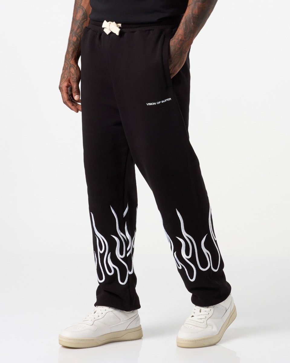 Vision Of Super BLACK PANTS WITH WHITE EMBROIDERED FLAMES