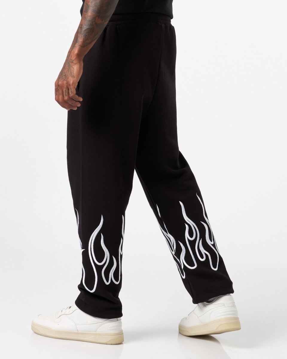 Vision Of Super BLACK PANTS WITH WHITE EMBROIDERED FLAMES
