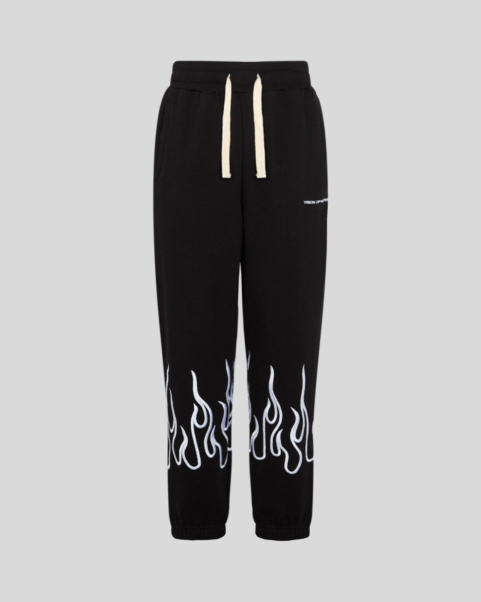 Vision Of Super BLACK PANTS WITH WHITE EMBROIDERED FLAMES