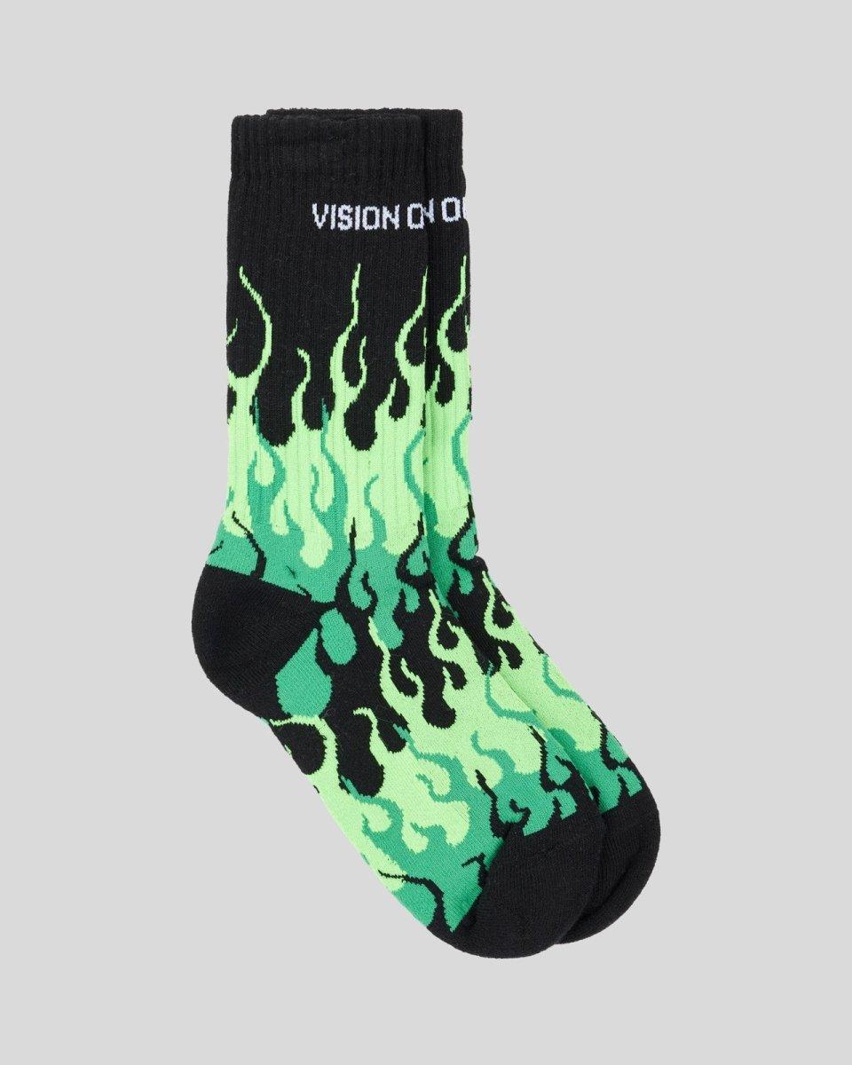 Vision Of Super BLACK SOCKS WITH GREEN TRIPLE FLAMES