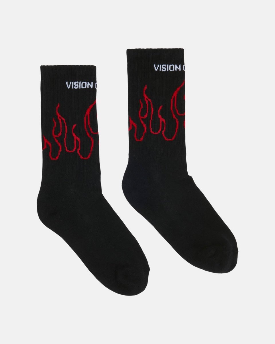 Vision Of Super BLACK SOCKS WITH RED OUTLINE FLAMES