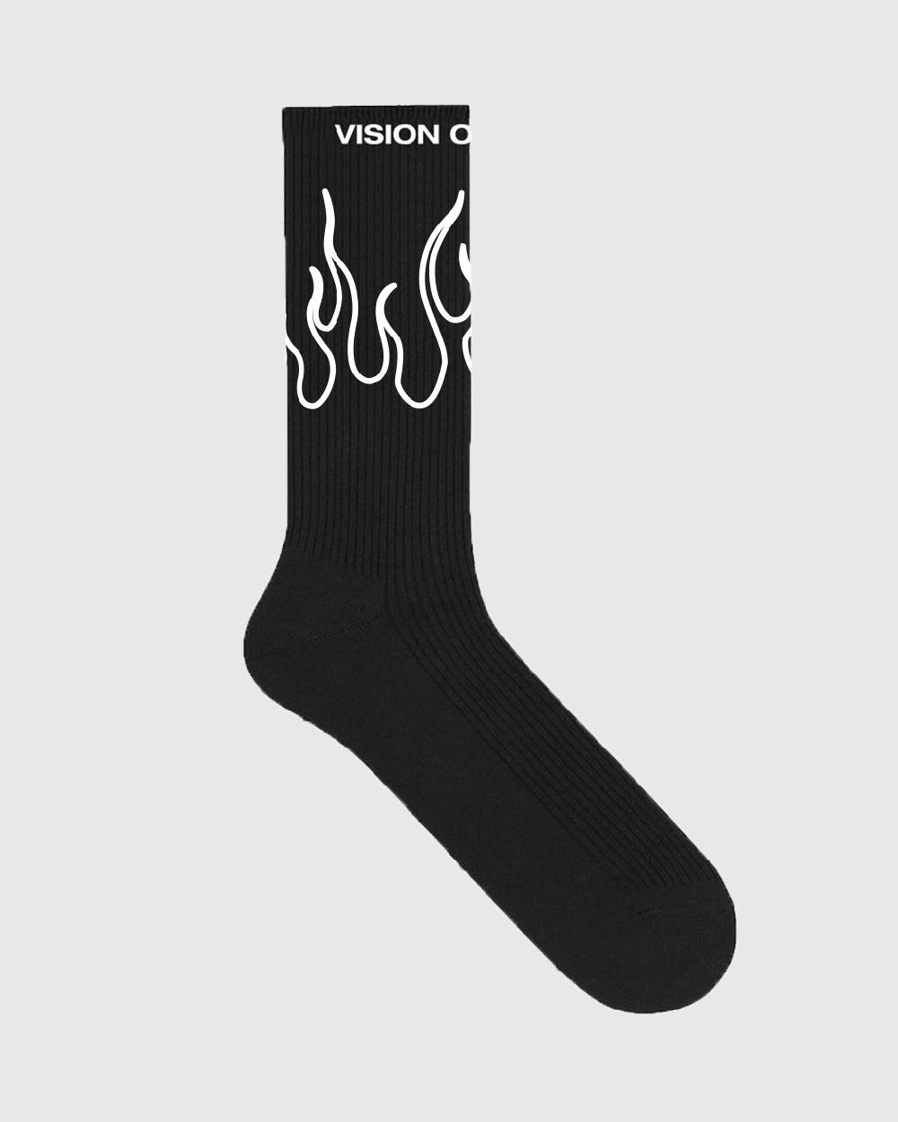 Vision Of Super BLACK SOCKS WITH WHITE OUTLINE FLAMES