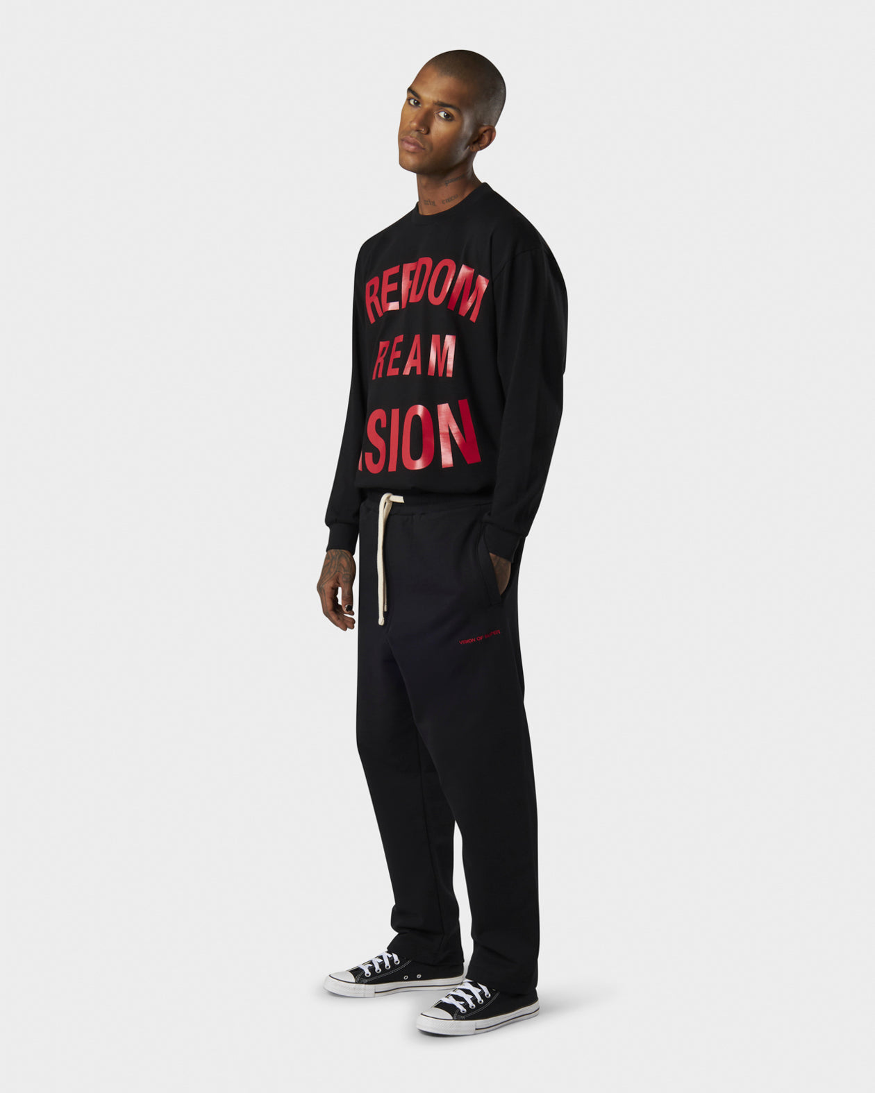 Vision Of Super BLACK SWEATPANTS WITH WHITE COULISSE EMBROIDERED FLAMES ON POCKET AND RED LABEL ON BACK LEFT LEG