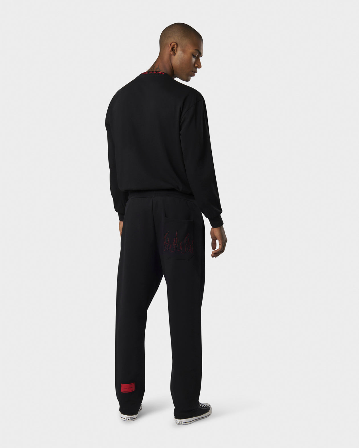 Vision Of Super BLACK SWEATPANTS WITH WHITE COULISSE EMBROIDERED FLAMES ON POCKET AND RED LABEL ON BACK LEFT LEG