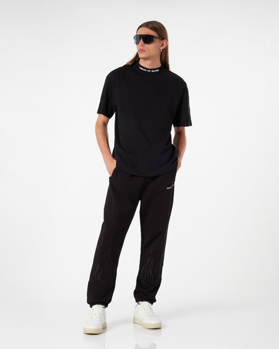 Vision Of Super BLACK T-SHIRT WITH BLACK EMBROIDERED FLAMES