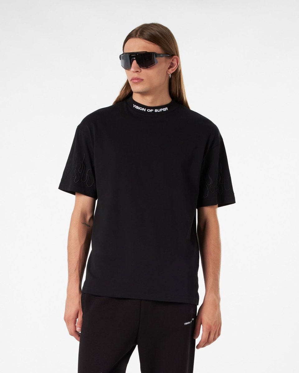 Vision Of Super BLACK T-SHIRT WITH BLACK EMBROIDERED FLAMES