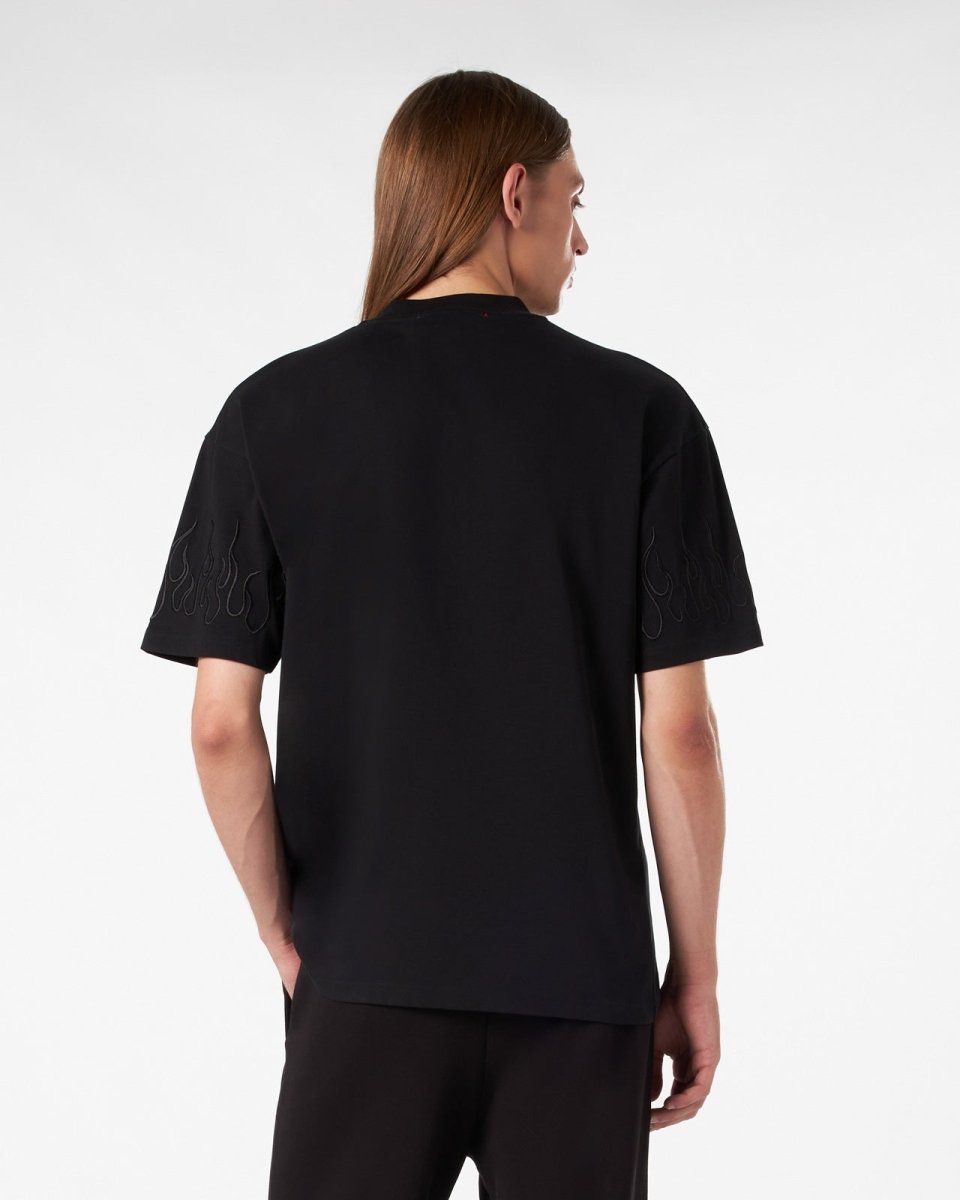 Vision Of Super BLACK T-SHIRT WITH BLACK EMBROIDERED FLAMES