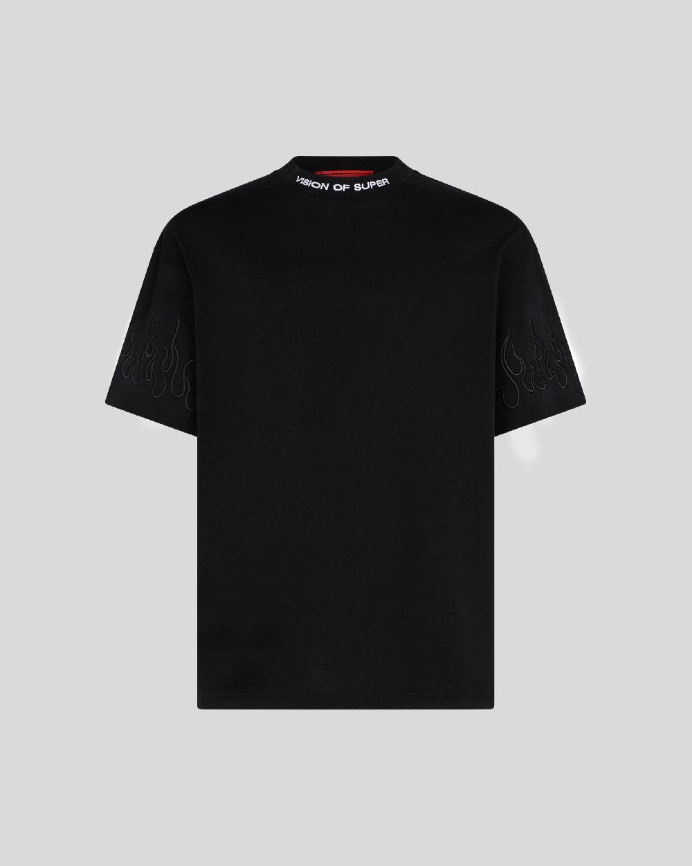 Vision Of Super BLACK T-SHIRT WITH BLACK EMBROIDERED FLAMES