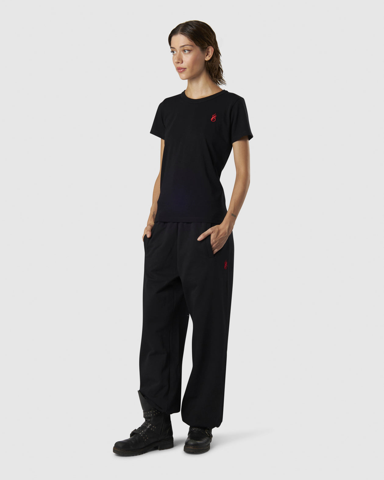 Vision Of Super BLACK T-SHIRT WITH EMBROIDERED FLAME LOGO ON FRONT AND PRINTED LOGO ON BACK