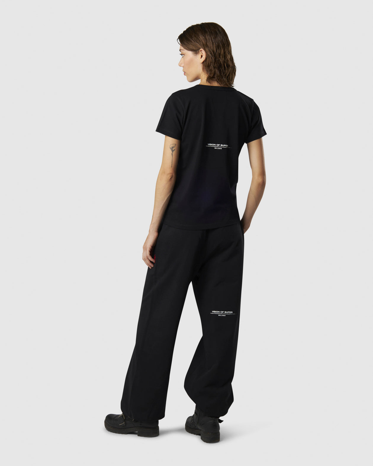 Vision Of Super BLACK T-SHIRT WITH EMBROIDERED FLAME LOGO ON FRONT AND PRINTED LOGO ON BACK