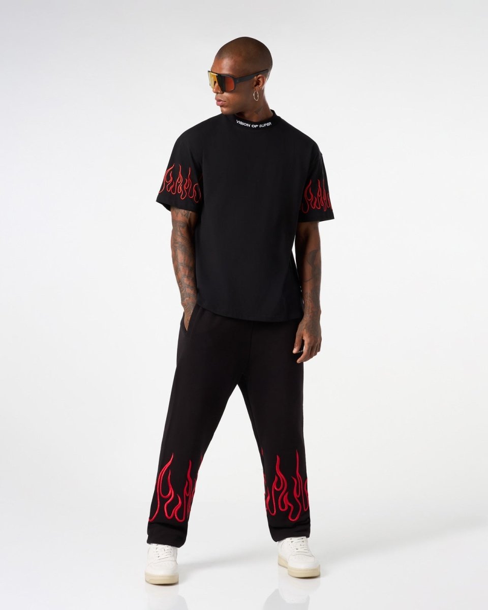 Vision Of Super BLACK T-SHIRT WITH RED EMBROIDERED FLAMES