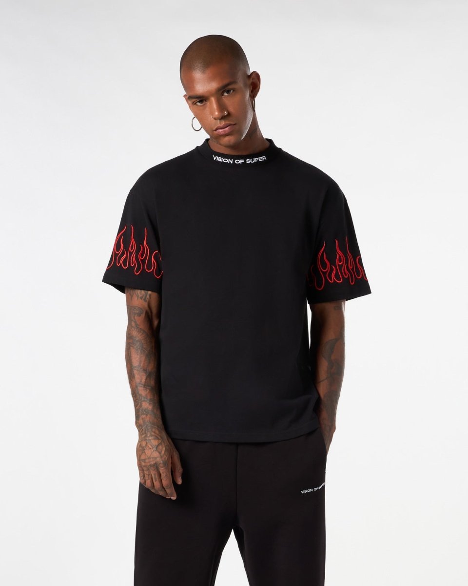 Vision Of Super BLACK T-SHIRT WITH RED EMBROIDERED FLAMES