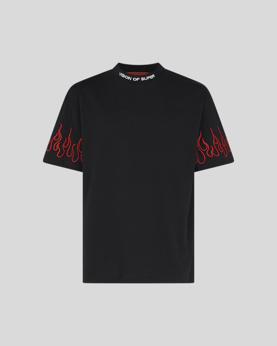 Vision Of Super BLACK T-SHIRT WITH RED EMBROIDERED FLAMES