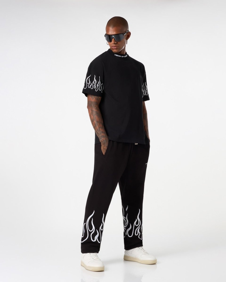 Vision Of Super BLACK T-SHIRT WITH WHITE EMBROIDERED FLAMES