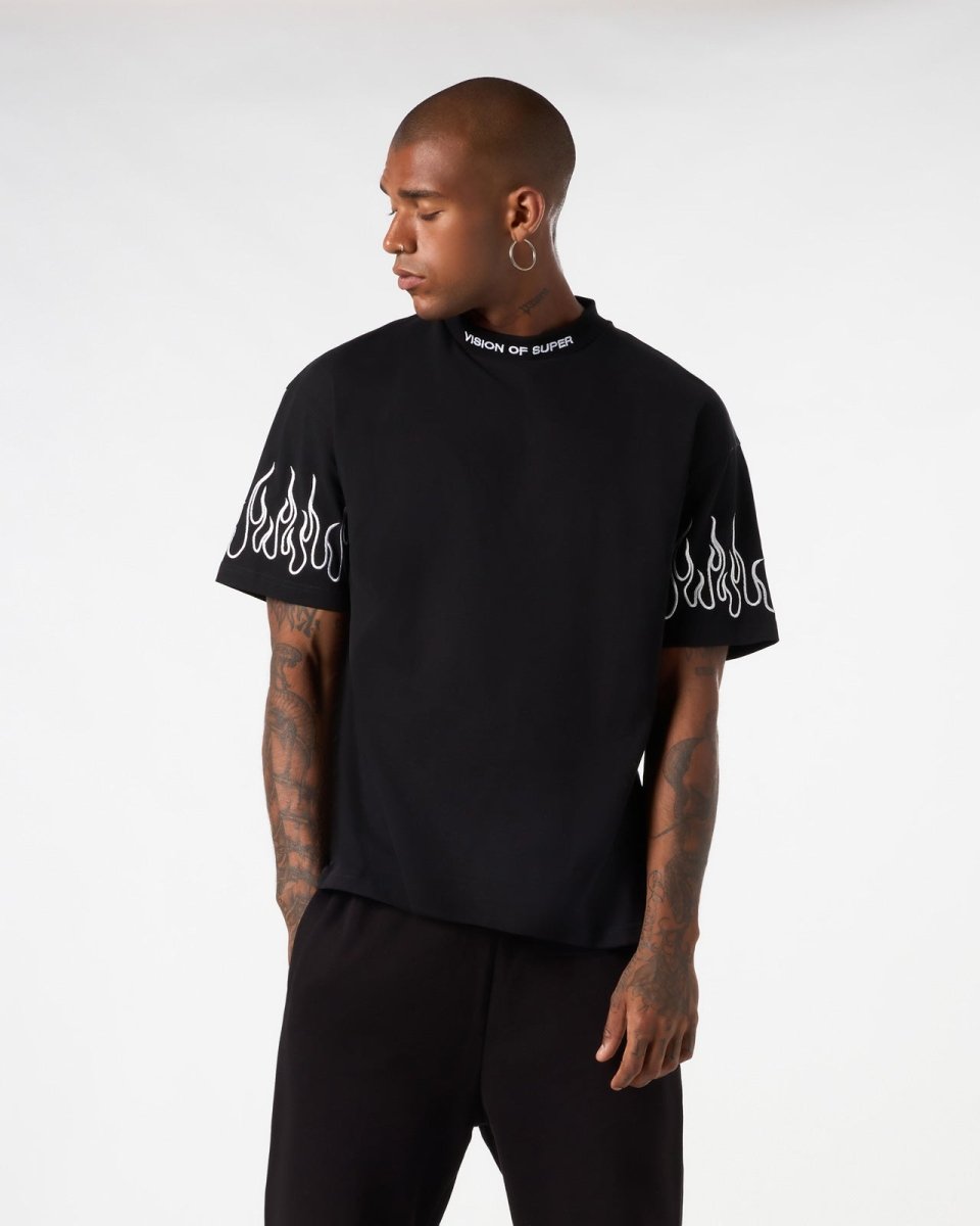 Vision Of Super BLACK T-SHIRT WITH WHITE EMBROIDERED FLAMES