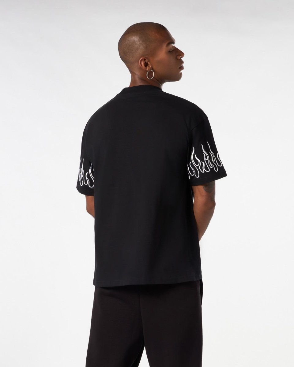 Vision Of Super BLACK T-SHIRT WITH WHITE EMBROIDERED FLAMES