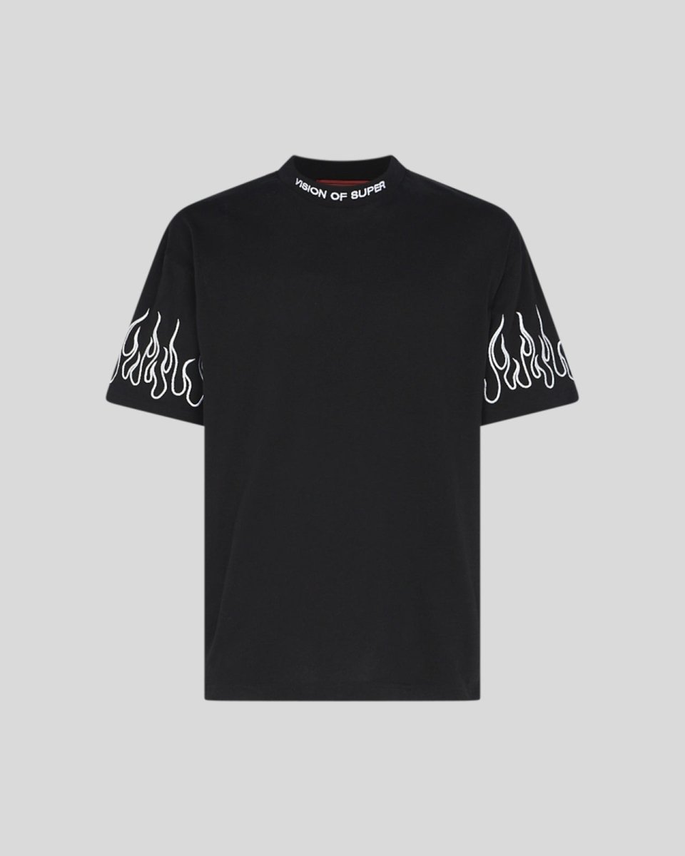 Vision Of Super BLACK T-SHIRT WITH WHITE EMBROIDERED FLAMES