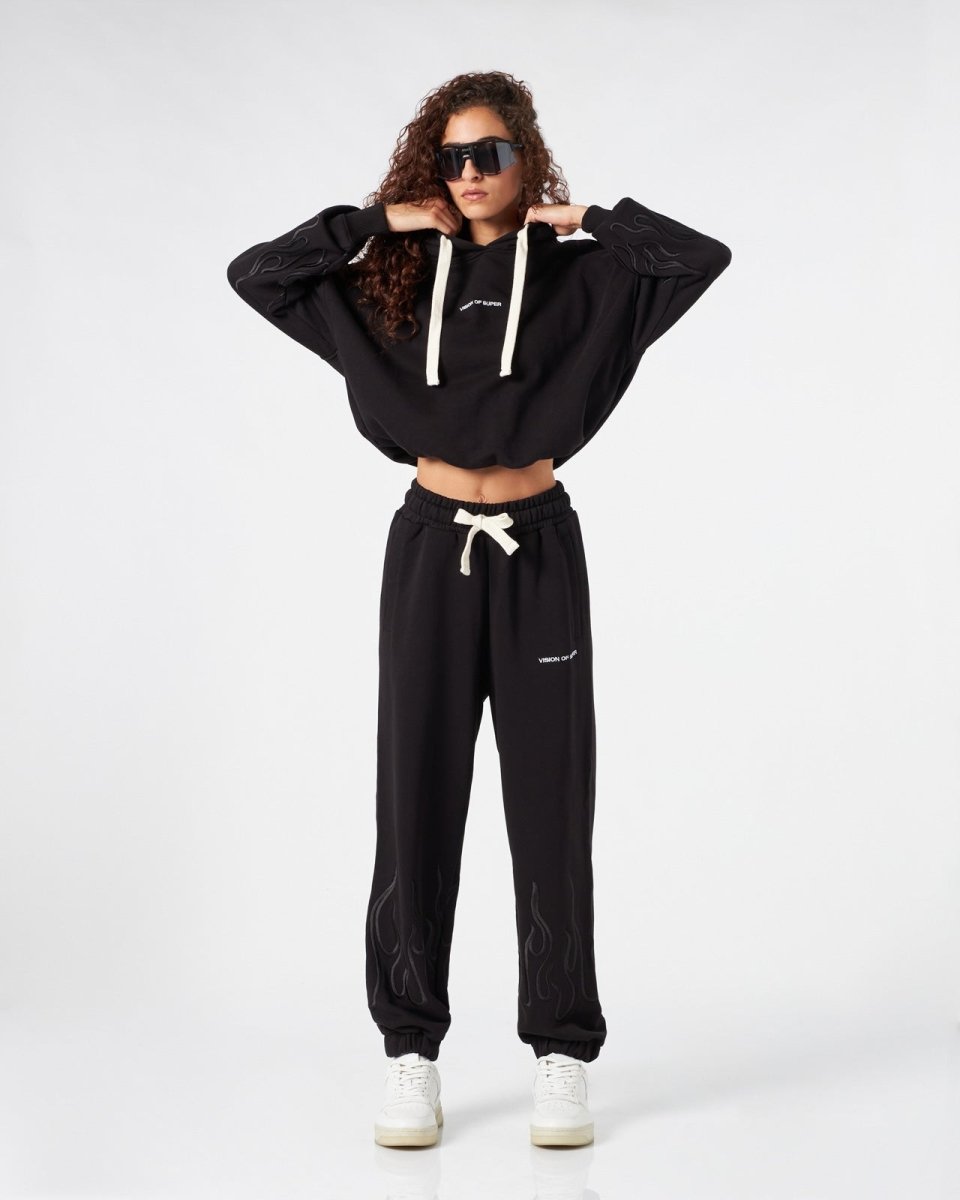 Vision Of Super BLACK WOMAN PANTS WITH BLACK EMBROIDERED FLAMES