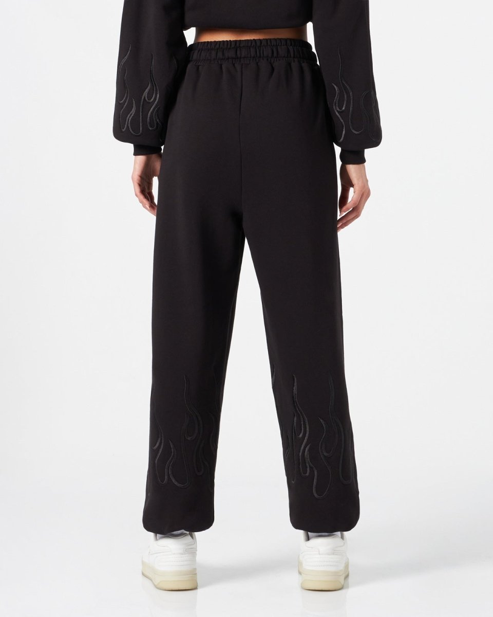 Vision Of Super BLACK WOMAN PANTS WITH BLACK EMBROIDERED FLAMES