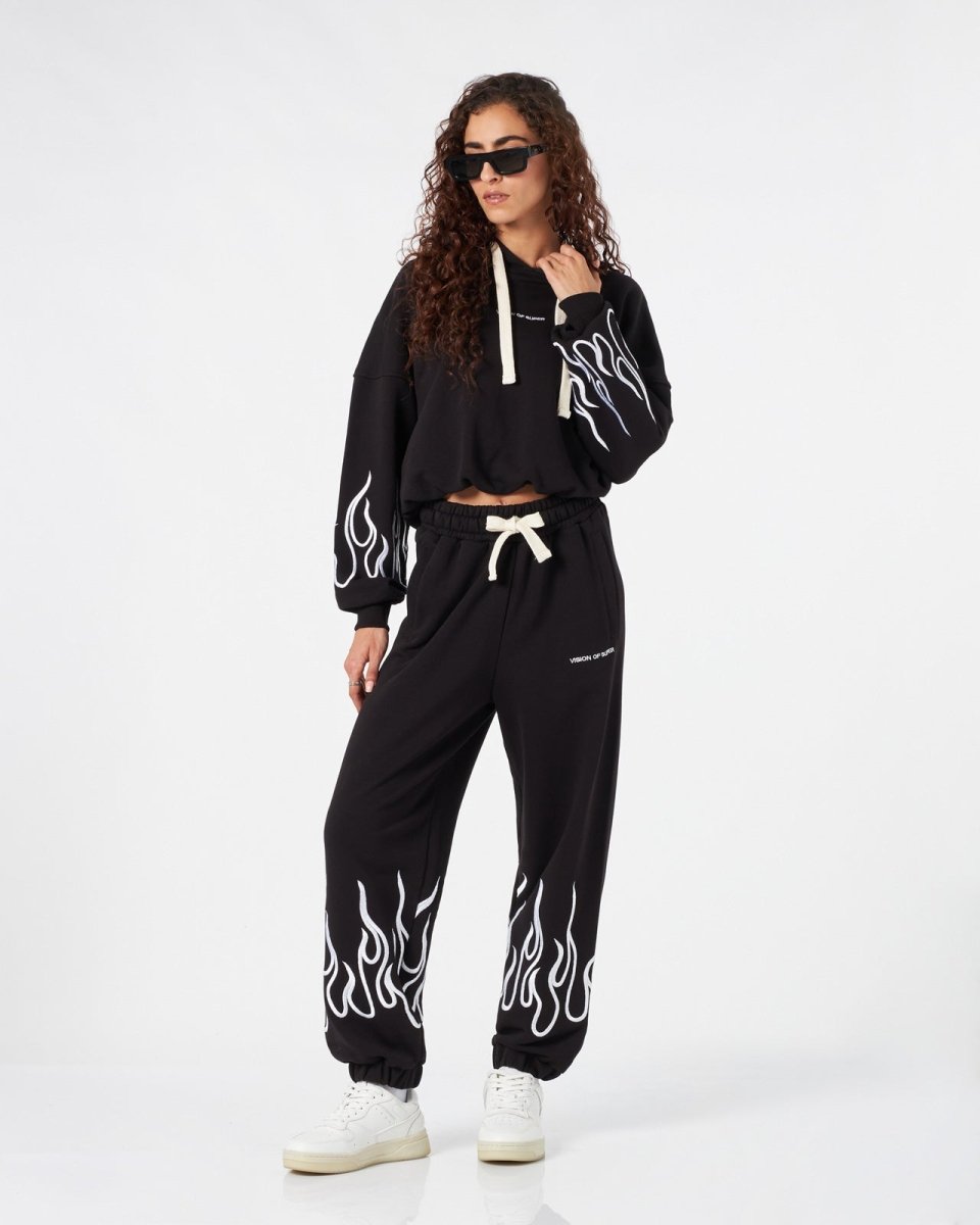 Vision Of Super BLACK WOMAN PANTS WITH WHITE EMBROIDERED FLAMES