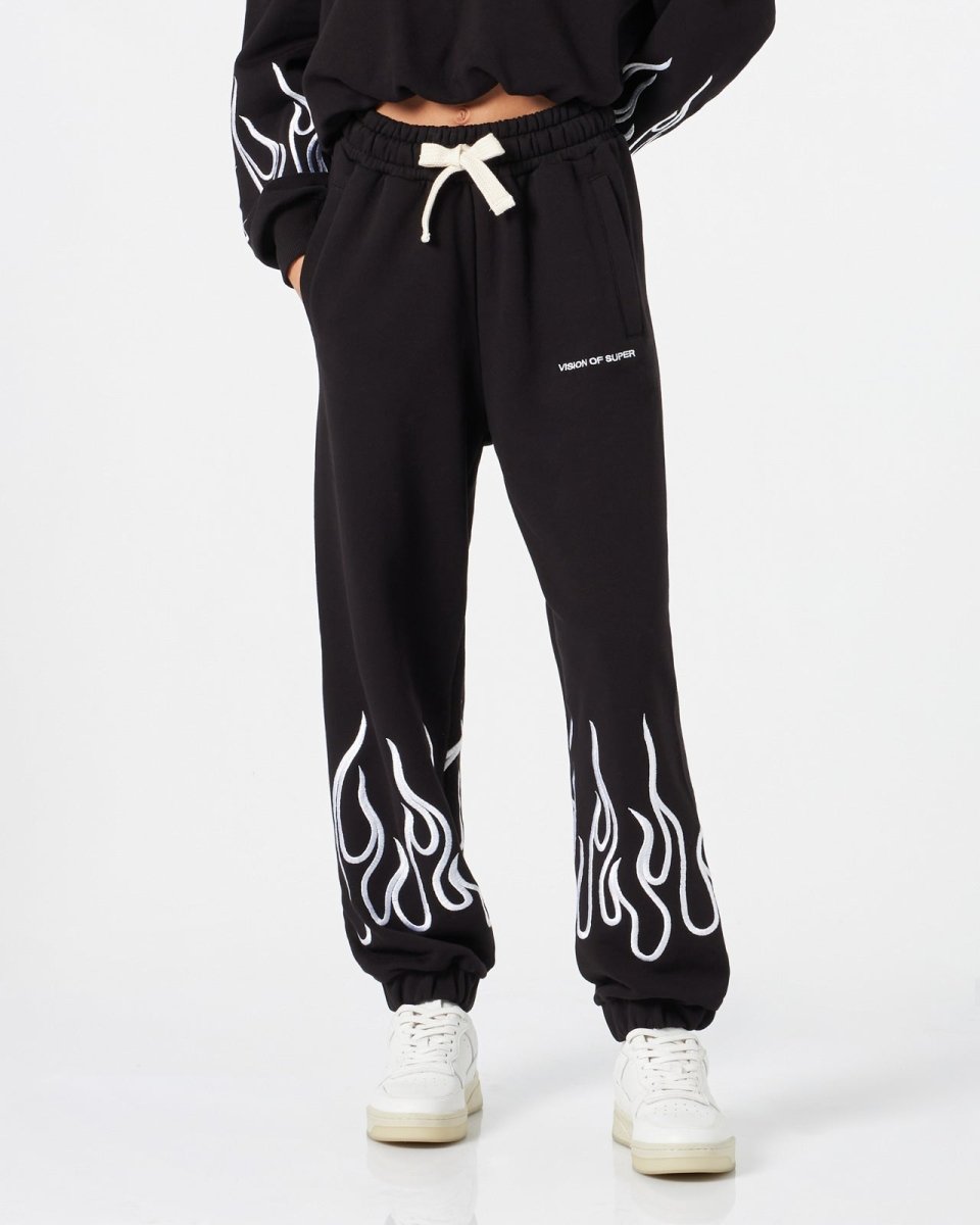Vision Of Super BLACK WOMAN PANTS WITH WHITE EMBROIDERED FLAMES