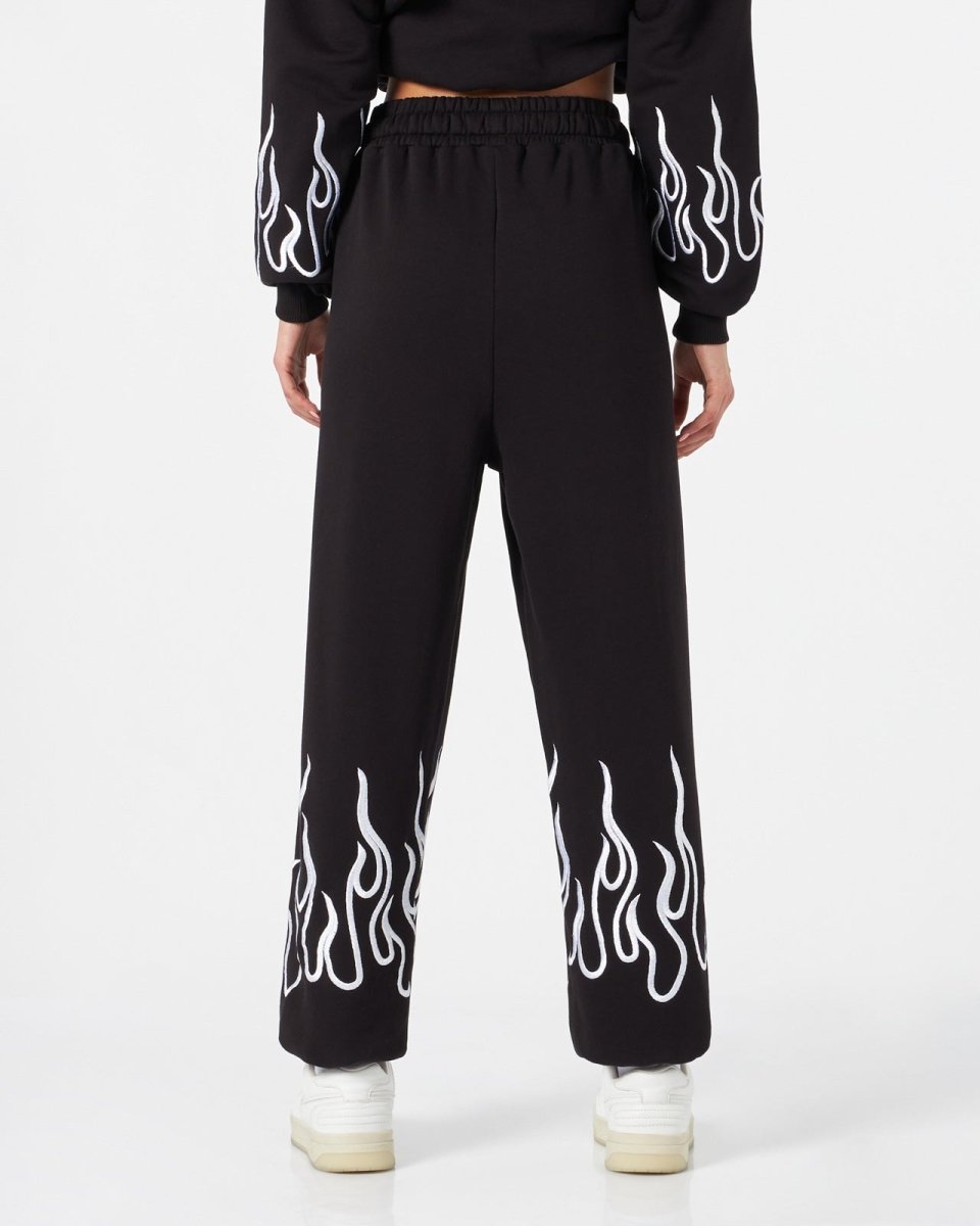 Vision Of Super BLACK WOMAN PANTS WITH WHITE EMBROIDERED FLAMES