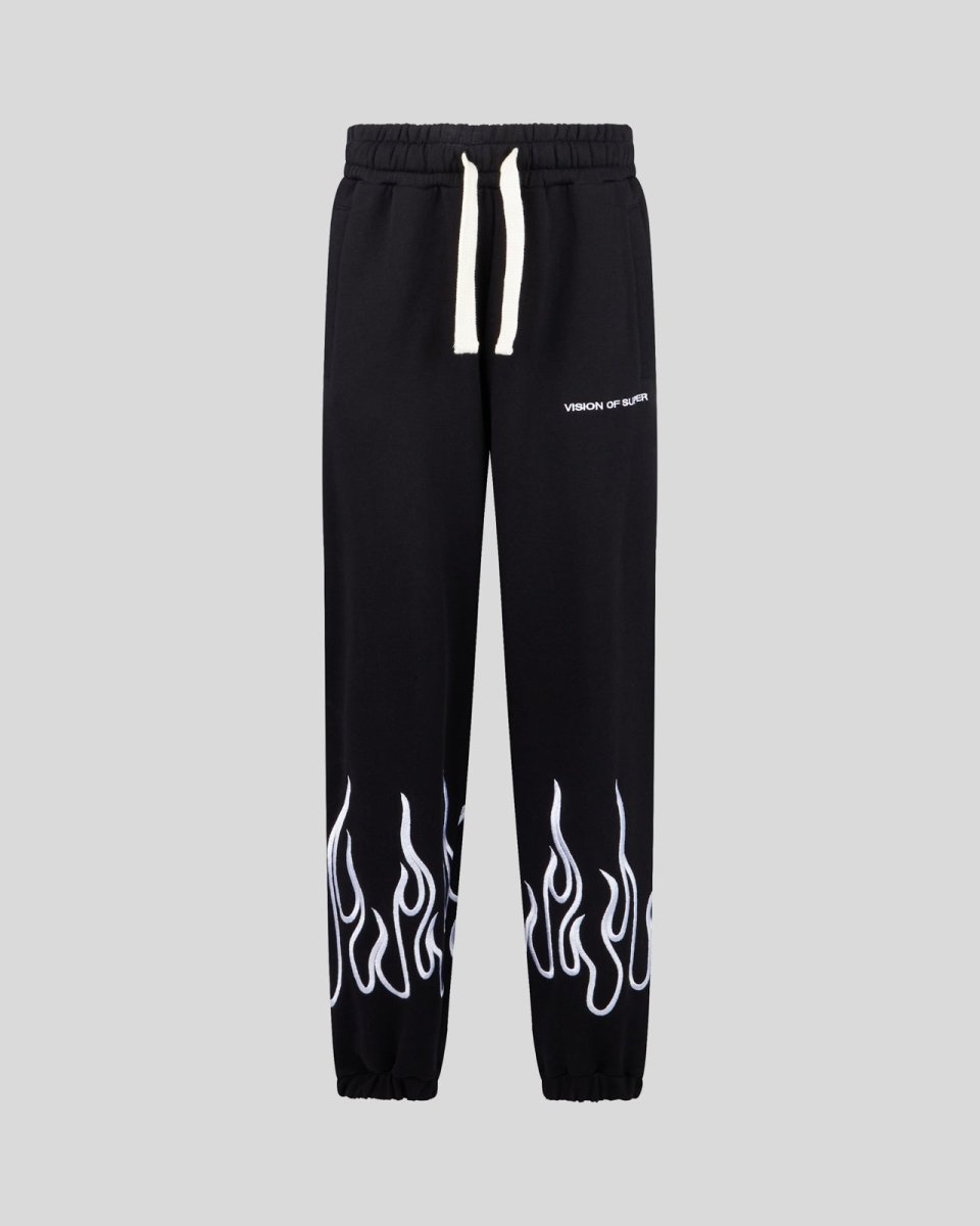 Vision Of Super BLACK WOMAN PANTS WITH WHITE EMBROIDERED FLAMES