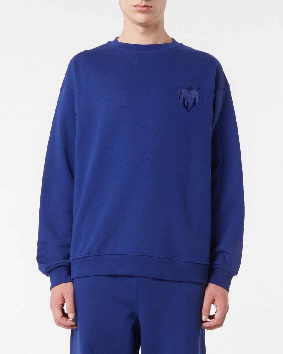 Vision Of Super BLUE CREWNECK WITH EMBROIDERED FLAMING HEART