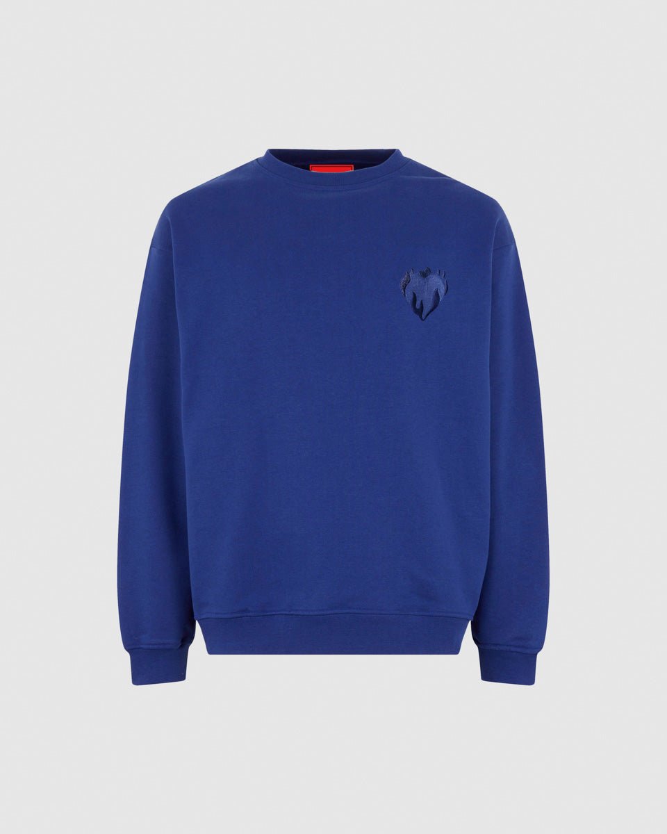 Vision Of Super BLUE CREWNECK WITH EMBROIDERED FLAMING HEART Vision Of Super BLUE CREWNECK WITH EMBROIDERED FLAMING HEART