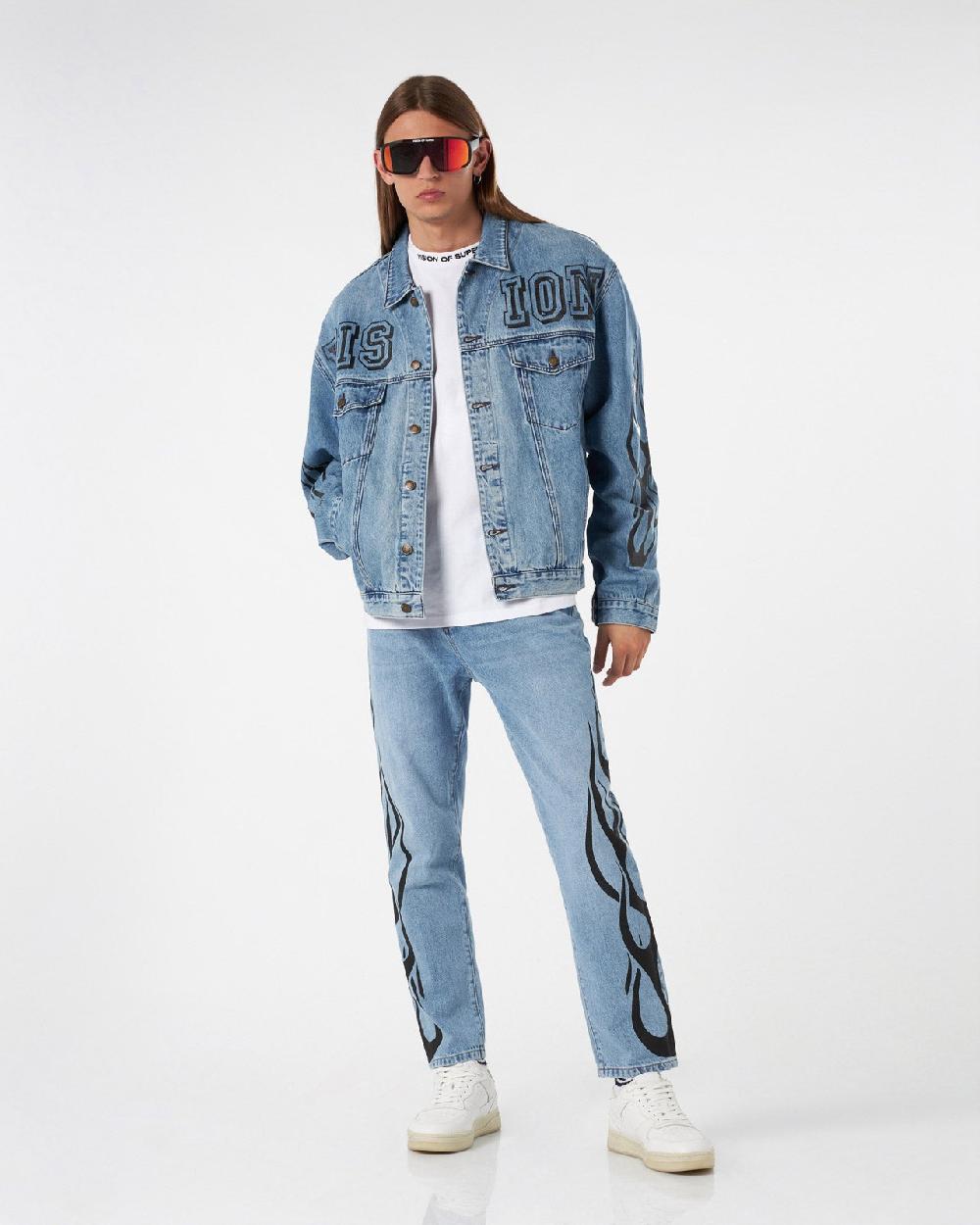 Vision Of Super BLUE DENIM JACKET WITH BLACK TRIBAL FLAMES