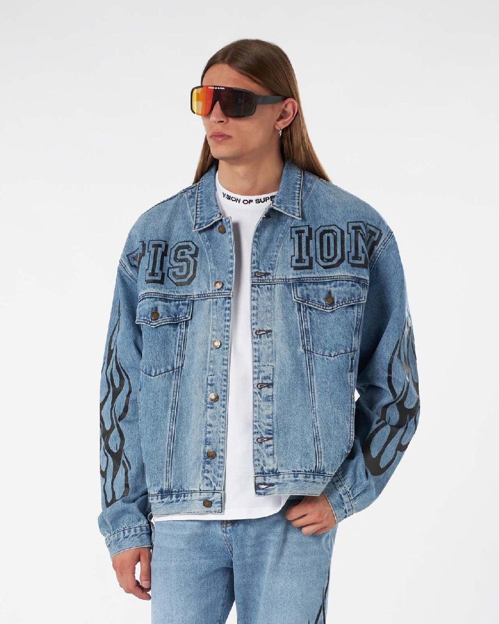Vision Of Super BLUE DENIM JACKET WITH BLACK TRIBAL FLAMES