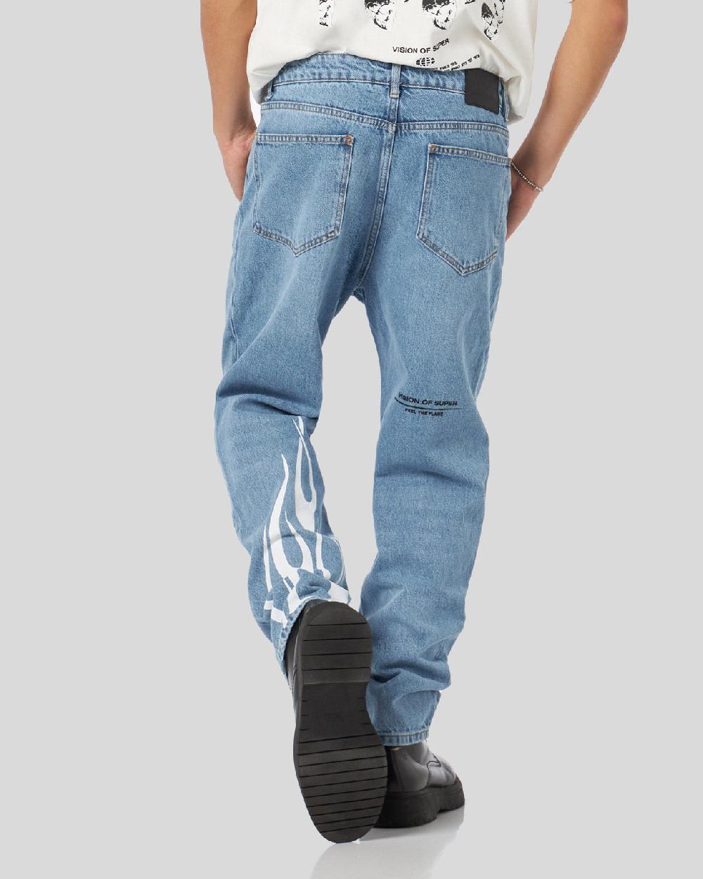 Vision Of Super BLUE DENIM JEANS WITH PRINTED FLAMES AND LOGO