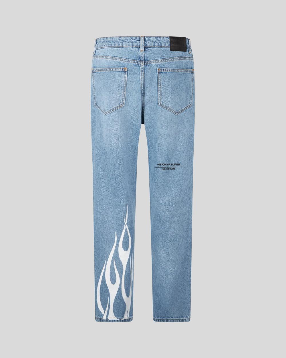 Vision Of Super BLUE DENIM JEANS WITH PRINTED FLAMES AND LOGO