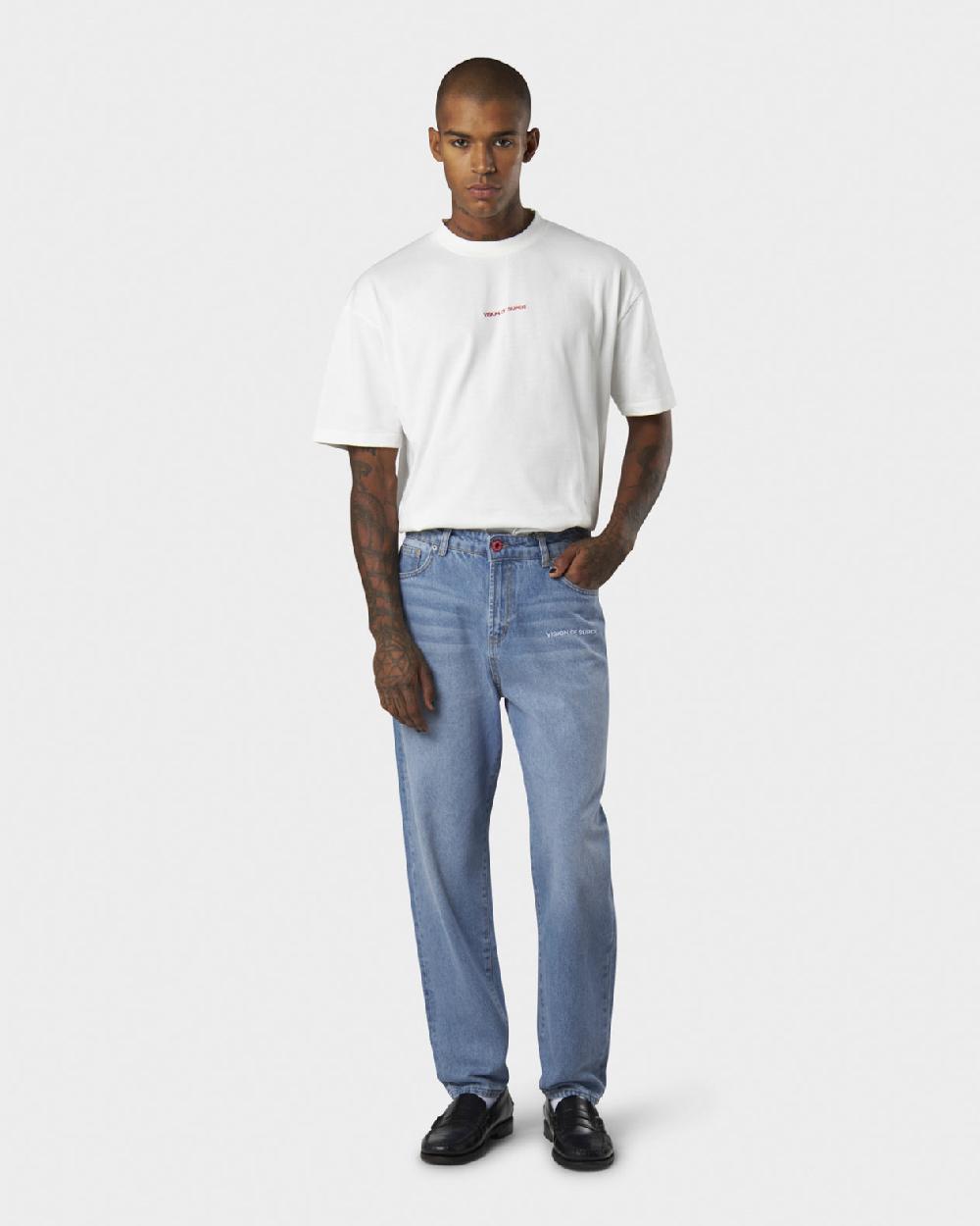 Vision Of Super BLUE JEANS WITH WHITE EMBROIDERED LOGO ON FRONT