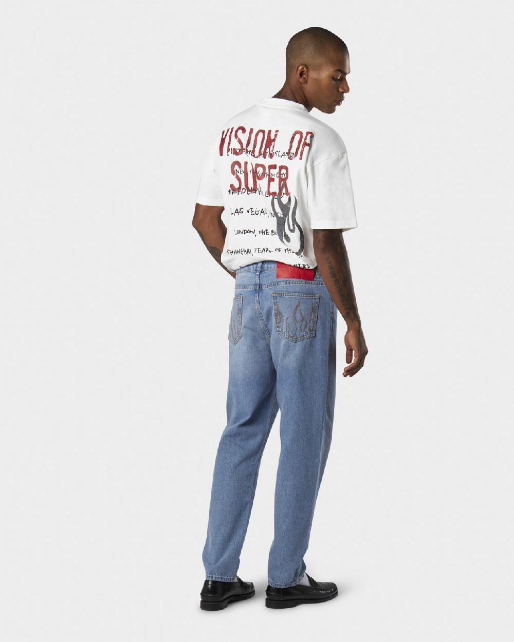 Vision Of Super BLUE JEANS WITH WHITE EMBROIDERED LOGO ON FRONT