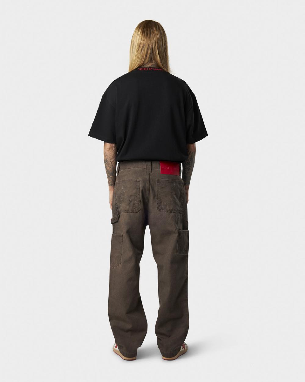 Vision Of Super BROWN WASHED DENIM WITH EMBROIDERED FLAMES ON POCKET AND RED LABEL