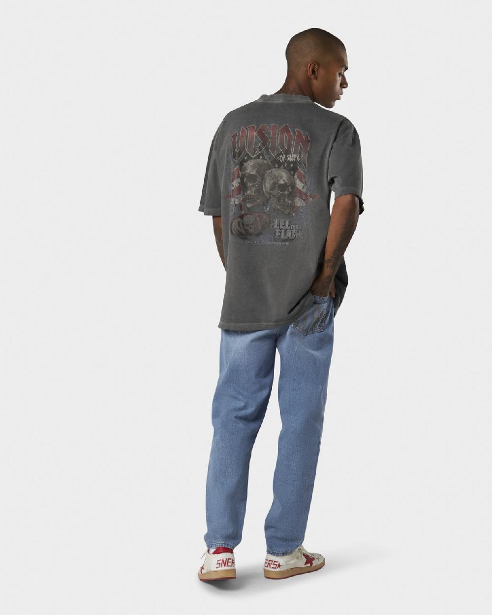 Vision Of Super COLD WASH T-SHIRT WITH COLORS FEEL ROCK SKULL PRINT ON BACK AND EMBROIDERED LOGO ON FRONT