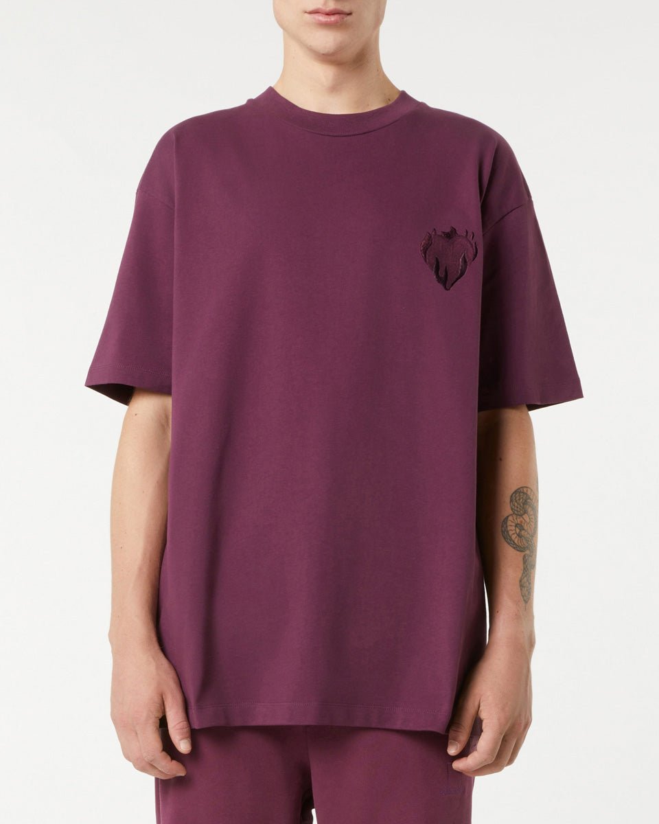 Vision Of Super GRAPE WINE T-SHIRT WITH EMBROIDERED FLAMING HEART