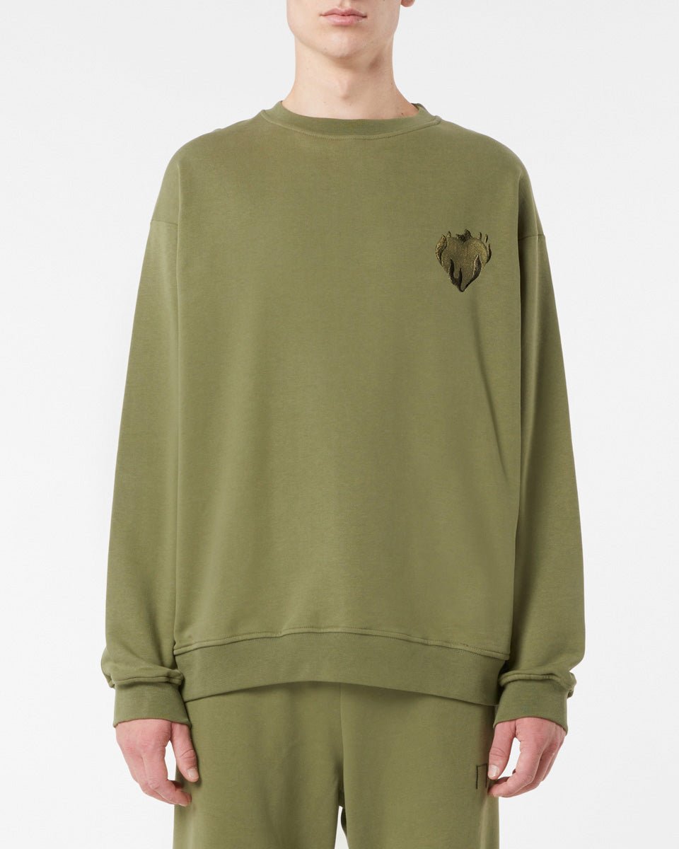 Vision Of Super GREEN CREWNECK WITH EMBROIDERED FLAMING HEART