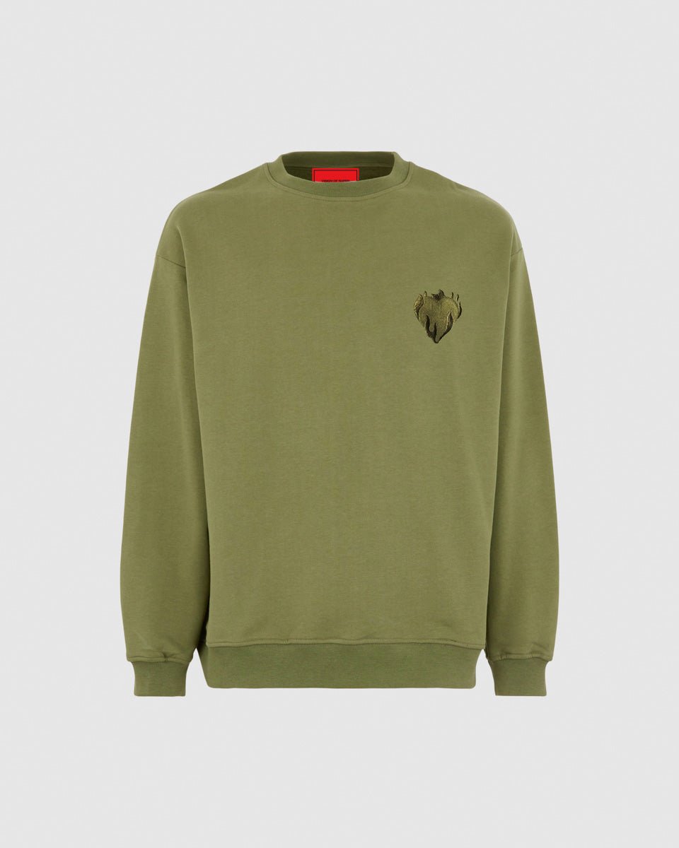 Vision Of Super GREEN CREWNECK WITH EMBROIDERED FLAMING HEART