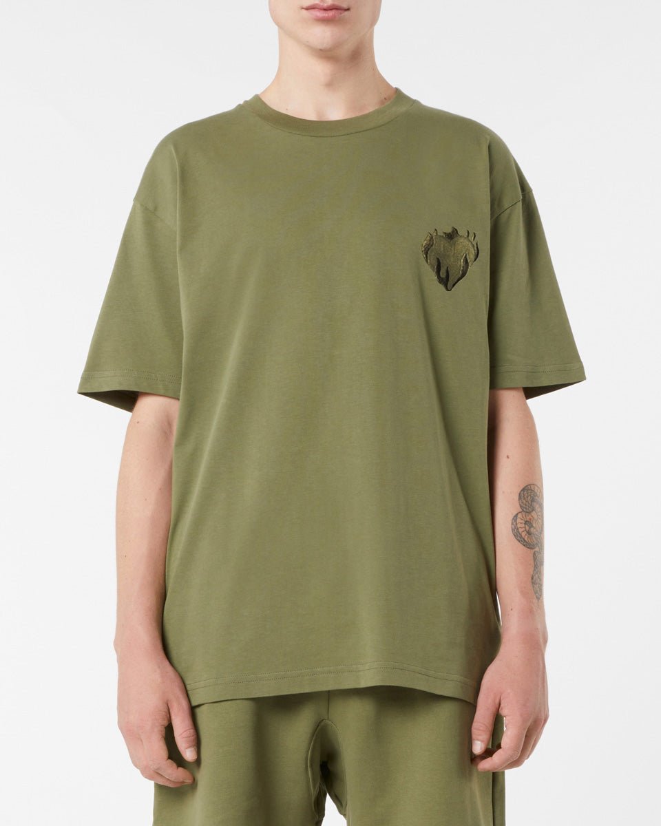 Vision Of Super GREEN T-SHIRT WITH EMBROIDERED FLAMING HEART