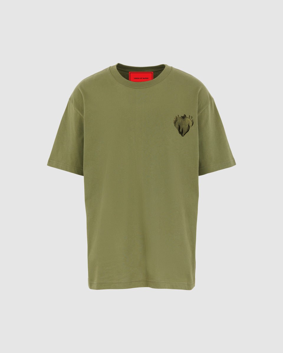 Vision Of Super GREEN T-SHIRT WITH EMBROIDERED FLAMING HEART