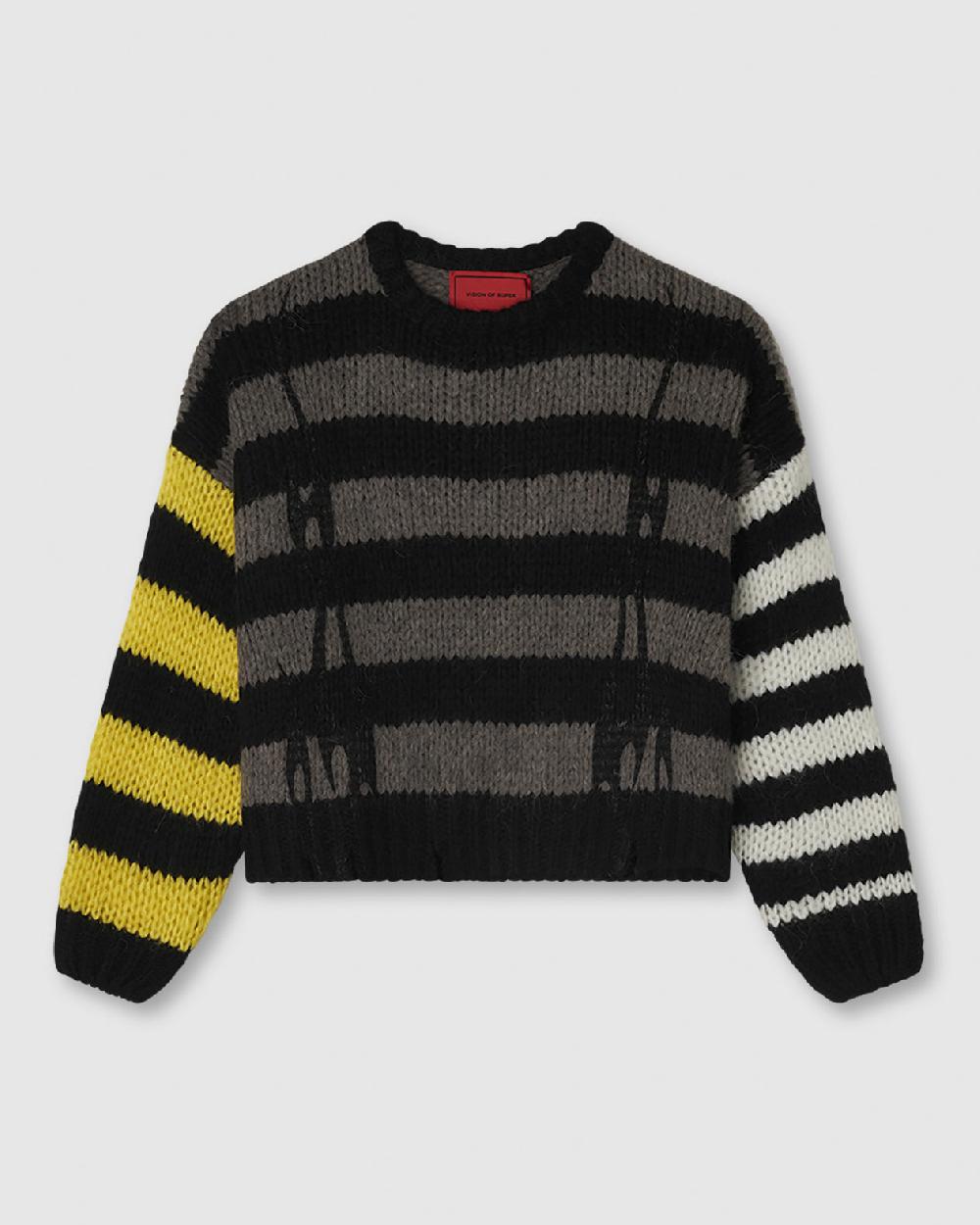 Vision Of Super JUMPER WITH IRREGULAR STRIPES BLACK WHITE GRAY AND YELLOW AND PRINTED LOGO + FLAMES