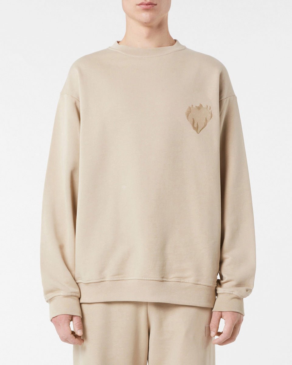 Vision Of Super LIGHT BROWN CREWNECK WITH EMBROIDERED FLAMING HEART